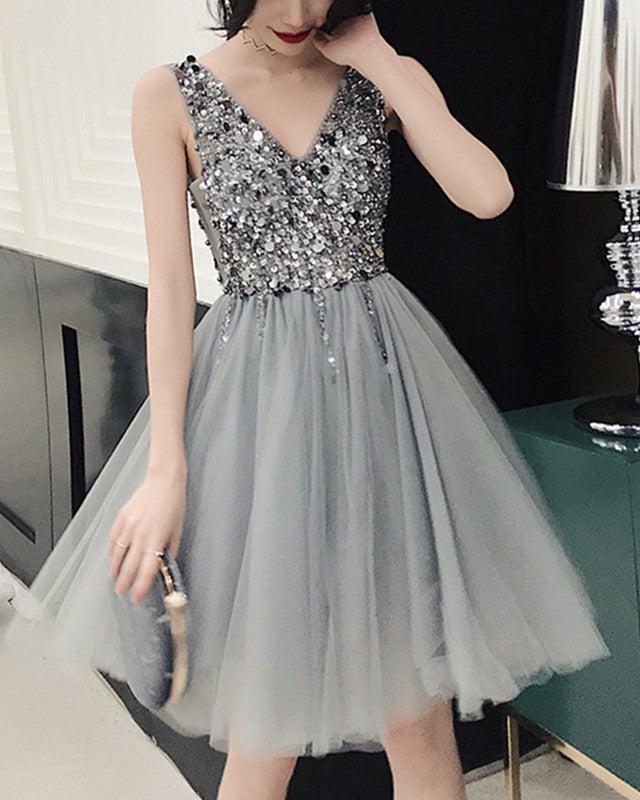 Short Tulle Silver Homecoming Dresses Sequins Beaded Short Tulle Silver Homecoming Dresses Sequins Beaded