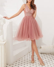 Load image into Gallery viewer, Short Pink Tulle Homecoming Dresses Sequin Beaded V Neck