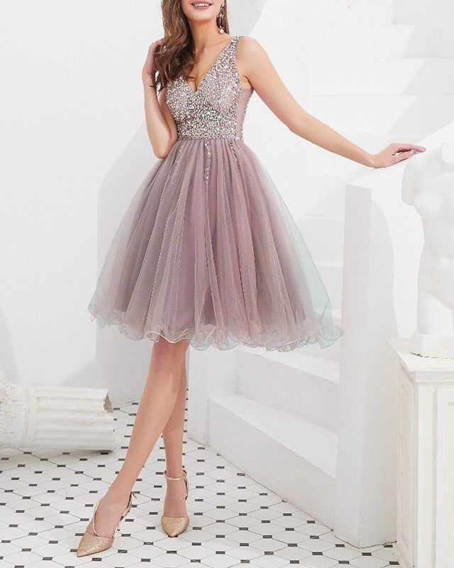 Short Tulle V Neck Homecoming Dresses Sequin Beaded Short Tulle V Neck Homecoming Dresses Sequin Beaded