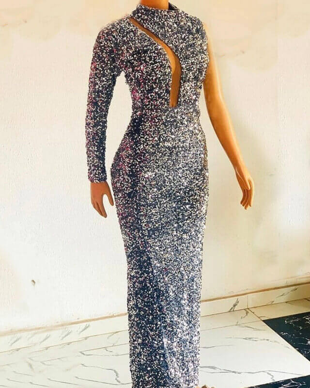 mermaid prom dresses silver Silver Mermaid Sequin Prom Dresses One Shoulder