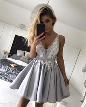 Load image into Gallery viewer, Silver Satin V-neck Homecoming Dresses Short Lace Appliques Prom Gowns-alinanova