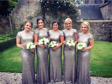 Load image into Gallery viewer, Silver Sequin Cap Sleeves Bridesmaid Dresses Floor Length