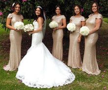 Load image into Gallery viewer, Silver Sequin Cap Sleeves Bridesmaid Dresses Floor Length