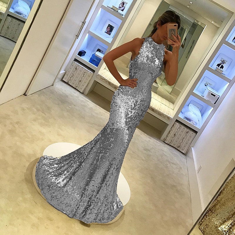 Silver Sequins Halter Long Mermaid Evening Gowns Silver Sequins Halter Long Mermaid Evening Gowns