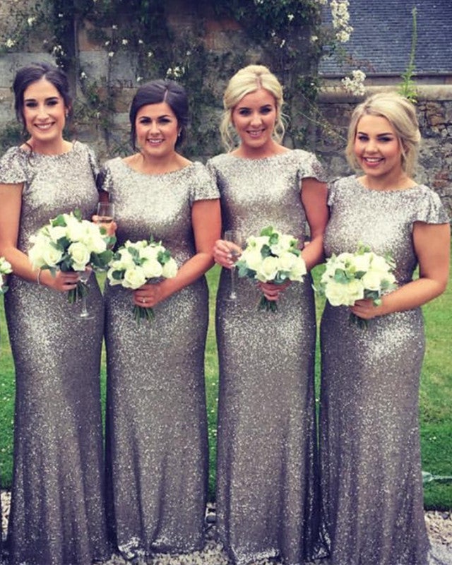 Modern Metalic Sequined Bridesmaid Dresses With Ruffles Back Design alinanova Modern Metalic Sequined Bridesmaid Dresses With Ruffles Back Design alinanova