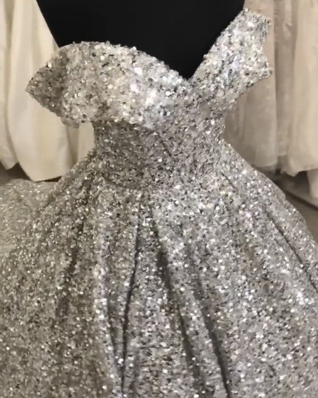 Silver Wedding Dress Sequins Ball Gown Off Shoulder Silver Wedding Dress Sequins Ball Gown Off Shoulder