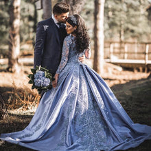 Load image into Gallery viewer, Silver Wedding Dresses Ball Gowns Lace Long Sleeves