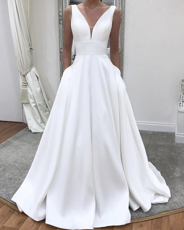 Simple Wedding Dresses A Line V Neck Satin Gown alinanova Simple Wedding Dresses A Line V Neck Satin Gown alinanova
