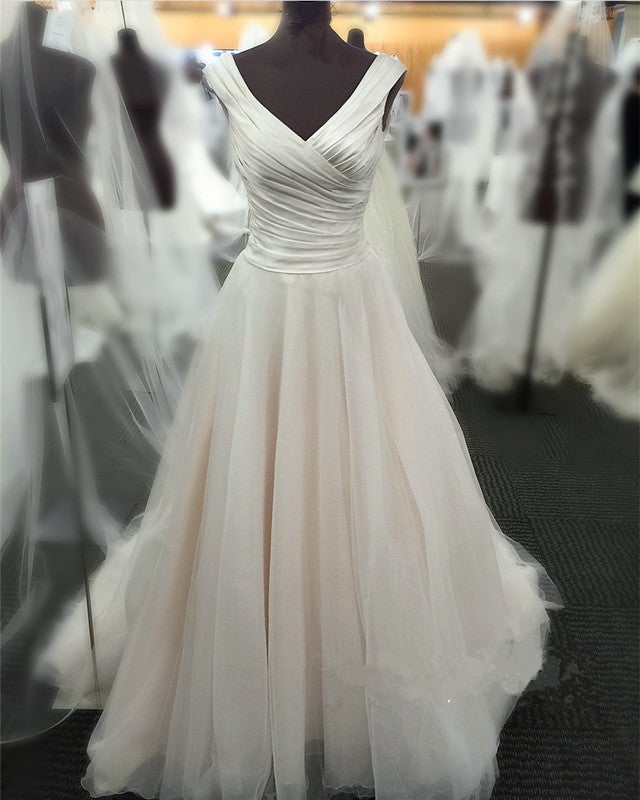 Simple And Elegant Ruched Satin V-neck Tulle Wedding Dresses Simple And Elegant Ruched Satin V-neck Tulle Wedding Dresses