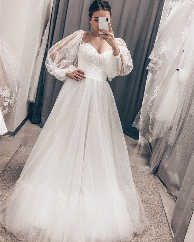Simple Cottagecore Wedding Dress Tulle Puffy Sleeves Simple Cottagecore Wedding Dress Tulle Puffy Sleeves