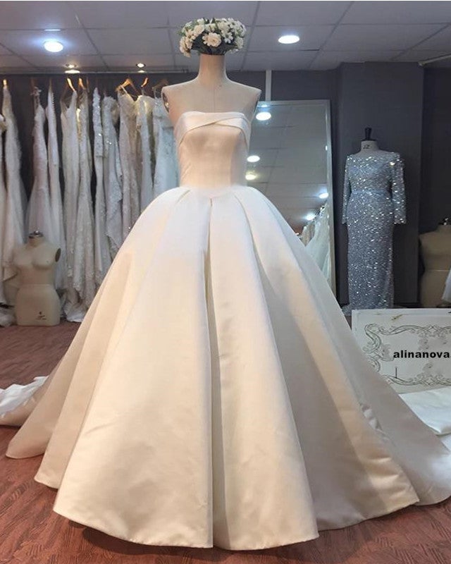 Simple Satin Ball Gowns Strapless Wedding Dresses For Bride
