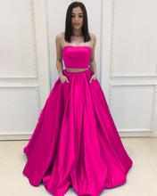 Load image into Gallery viewer, Simple Satin Strapless Ball Gowns Two Piece Prom Dresses With Pocket
