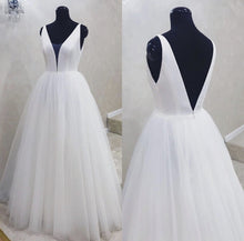 Load image into Gallery viewer, Simple Satin V-neck Tulle Floor Length Wedding Dresses