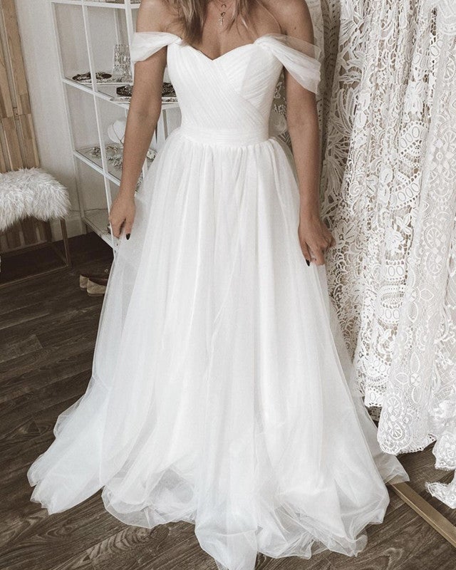 Simple Tulle Off The Shoulder Pleated Wedding Dresses Simple Tulle Off The Shoulder Pleated Wedding Dresses