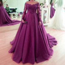 Load image into Gallery viewer, Skin Color Neckline Long Burgundy Prom Dresses Ball Gowns Lace Long Sleeves