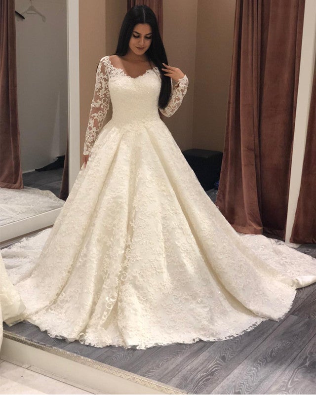 Skin Color Tulle Neckline Long Sleeves Lace Wedding Dresses Skin Color Tulle Neckline Long Sleeves Lace Wedding Dresses