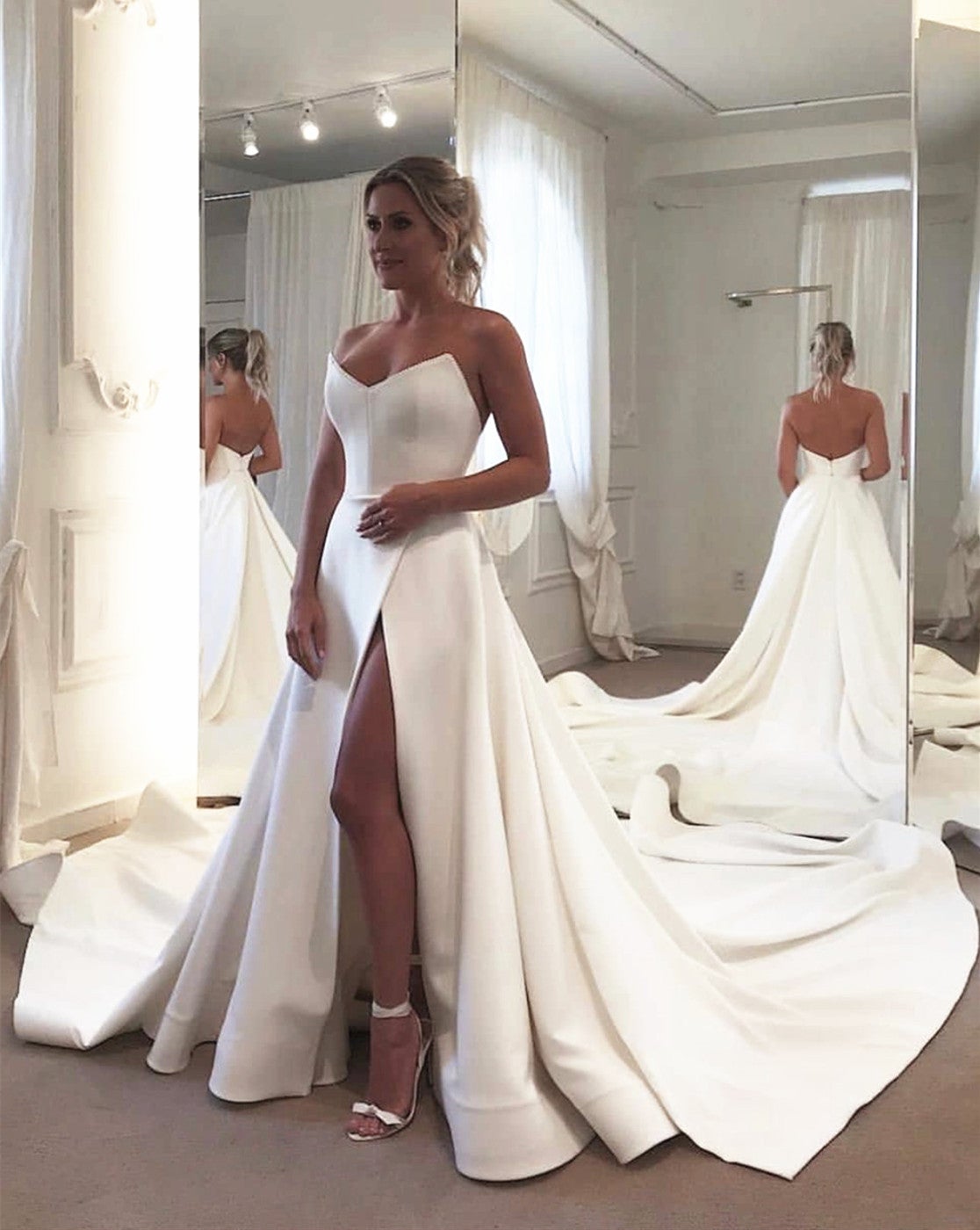 Sleek Satin Strapless Corset Satin Wedding Dress Split Sleek Satin Strapless Corset Satin Wedding Dress Split
