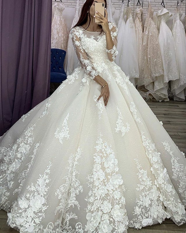Sleeved Ball Gown Wedding Dresses 3D Floral Lace Flowers Embroidery Sleeved Ball Gown Wedding Dresses 3D Floral Lace Flowers Embroidery