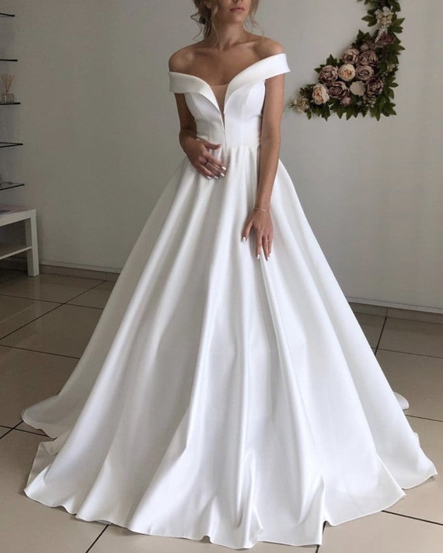 Sleeveless Wedding Dress A Line Satin Off Shoulder Sleeveless Wedding Dress A Line Satin Off Shoulder
