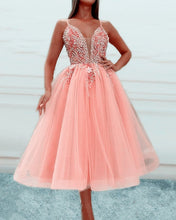Load image into Gallery viewer, Spaghetti Straps Beaded V Neck Prom Dresses Tea Length Ball Gown