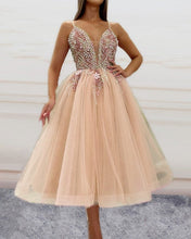 Load image into Gallery viewer, Spaghetti Straps Beaded V Neck Prom Dresses Tea Length Ball Gown