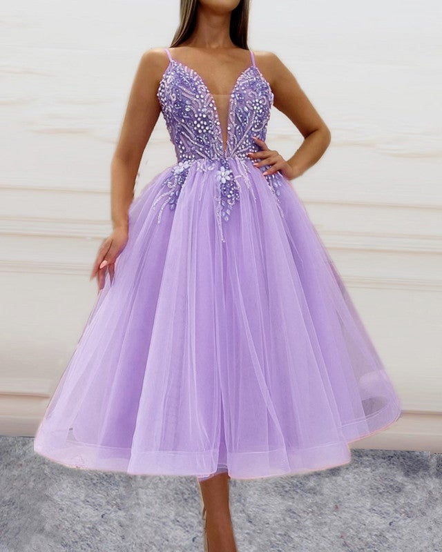 slim fit dress slacks Spaghetti Straps Beaded V Neck Prom Dresses Tea Length Ball Gown