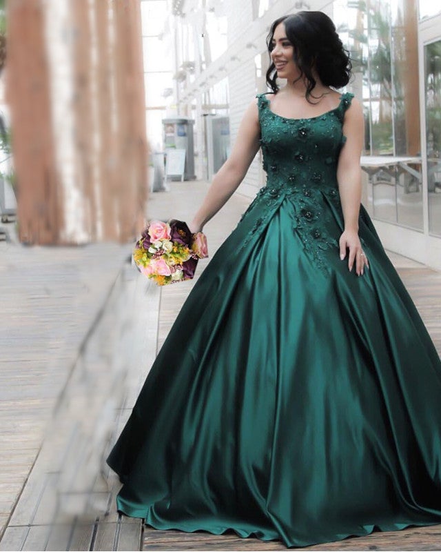 Spaghetti Straps Lace Flowers Embroidery Satin Ball Gowns Floor Length Engagement Dress Spaghetti Straps Lace Flowers Embroidery Satin Ball Gowns Floor Length Engagement Dress