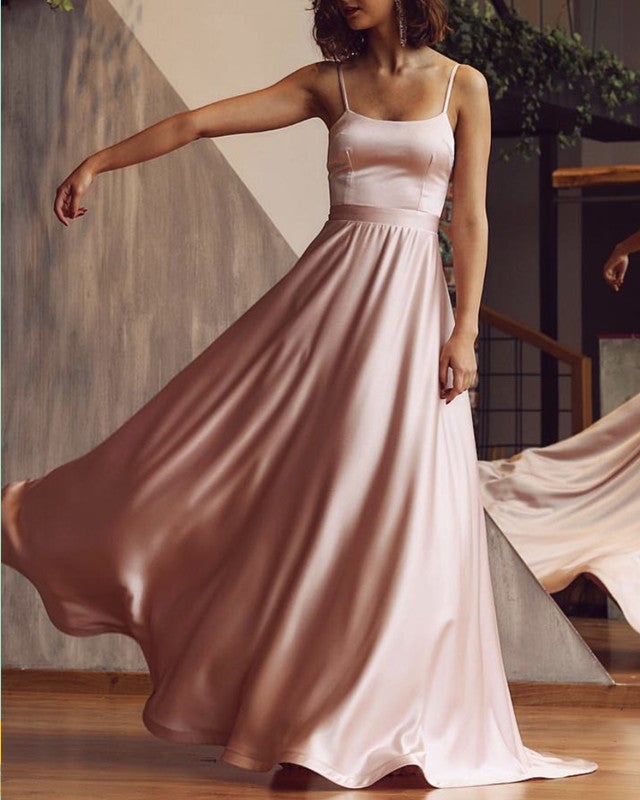 Spaghetti Straps Prom Long Dresses Satin Backless Spaghetti Straps Prom Long Dresses Satin Backless