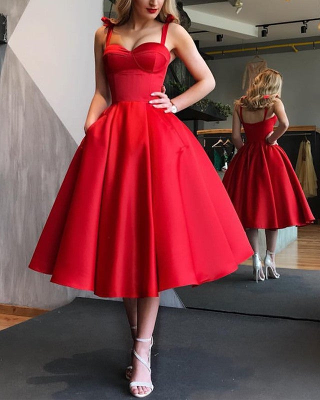 Spaghetti Straps Sweetheart Satin Ball Gowns Bridesmaid Dresses Tea Length