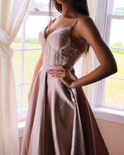 Load image into Gallery viewer, Spaghetti Straps V Neck Satin Prom Long Dresses Beaded Corset