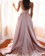 Load image into Gallery viewer, Spaghetti Straps V Neck Satin Prom Long Dresses Beaded Corset