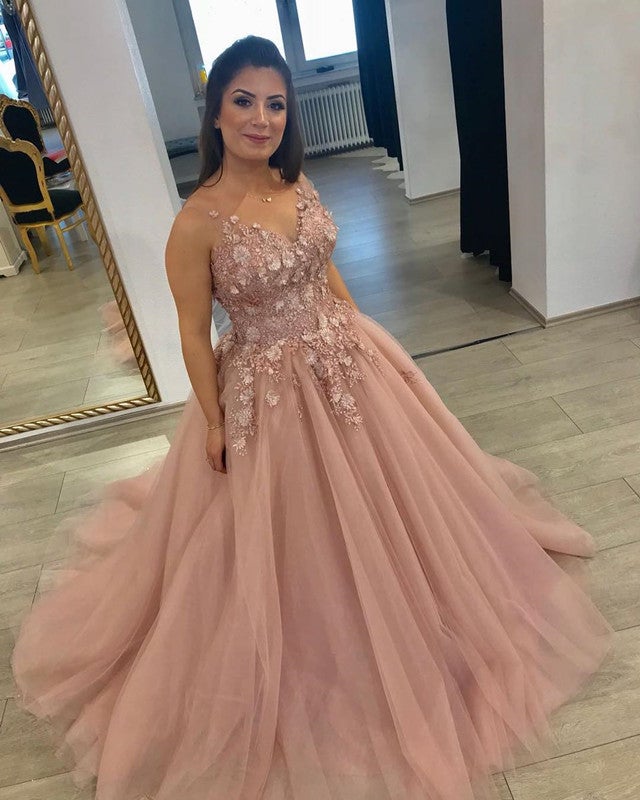chinese dress ladies Spaghetti Straps V-Neck Tulle Ball Gowns Prom Dresses Lace Flowers Appliques