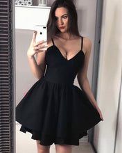 Load image into Gallery viewer, Spaghetti V-neck Ruffle Hem Satin Cocktail Homecoming Dresses