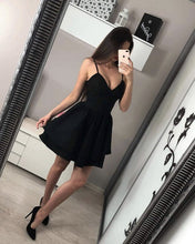 Load image into Gallery viewer, Spaghetti V-neck Ruffle Hem Satin Cocktail Homecoming Dresses