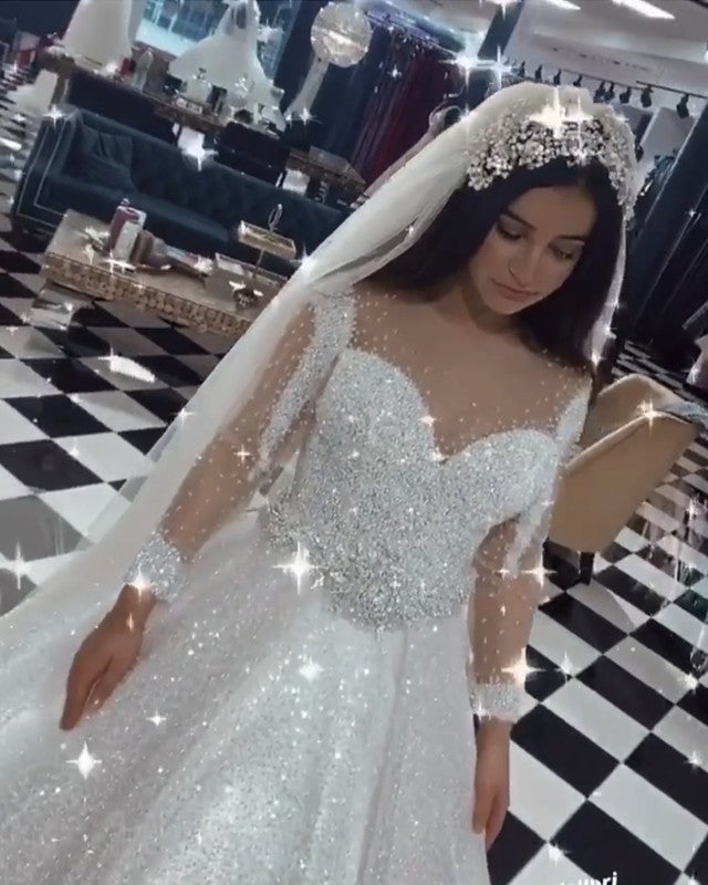 Long sleeve glitter wedding dress sales