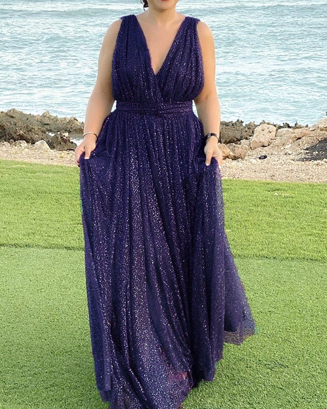 Purple Sparkly Prom Dresses V Neck Open Back – alinanova