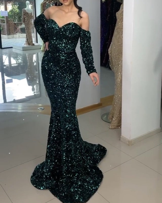 strapless open back dress Glamorous Black Off-Shoulder Sequin Lace Prom Dress with High Slit 222 –  vigocouture main image 0