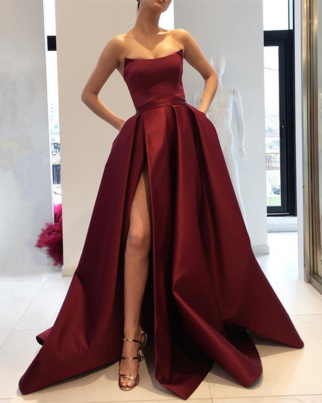 Strapless Bodice Corset Long Satin Leg Split Evening Dresses Strapless Bodice Corset Long Satin Leg Split Evening Dresses