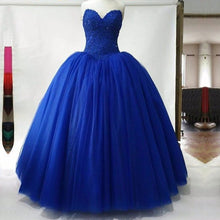 Load image into Gallery viewer, Strapless Royal Blue Tulle Ball Gowns Quinceanera Dress Lace Appliques Bodice Corset-alinanova