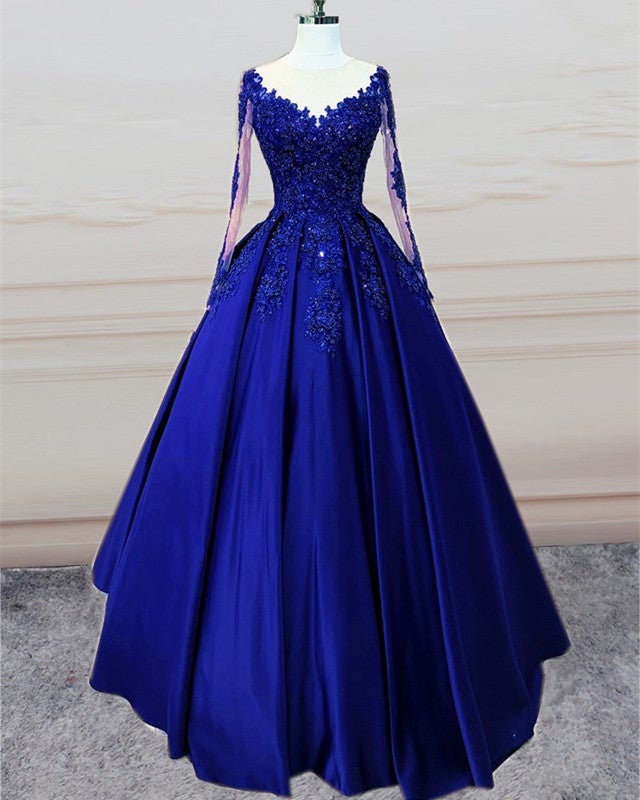 Stunning Ball Gown Prom Satin Dress Lace Sleeved Stunning Ball Gown Prom Satin Dress Lace Sleeved