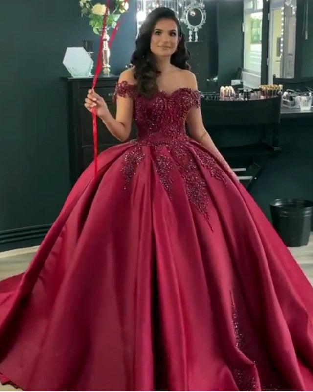 Stunning Beaded Off Shoulder Ball Gown Satin Dresses Stunning Beaded Off Shoulder Ball Gown Satin Dresses