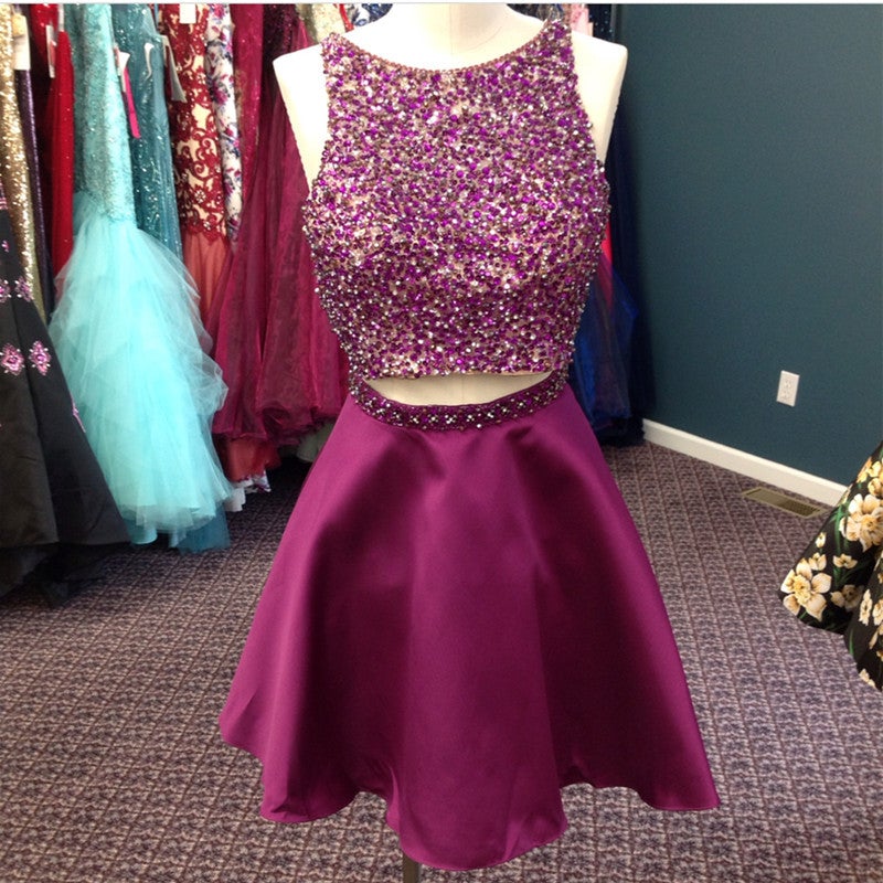 Stunning Beaded Satin Homecoming Dresses Two Piece Prom Gowns Short alinanova Stunning Beaded Satin Homecoming Dresses Two Piece Prom Gowns Short alinanova