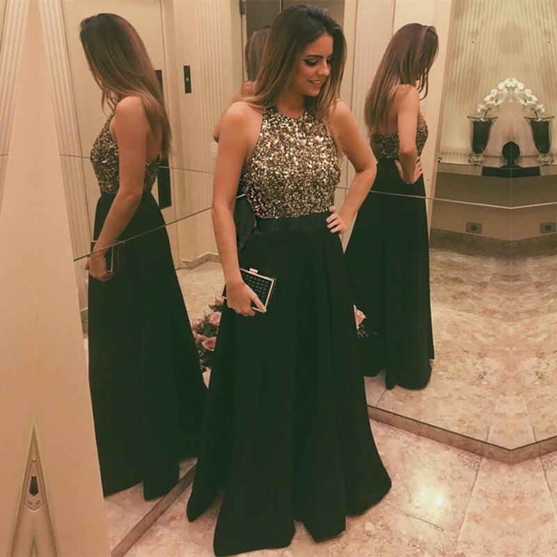 Unique Beaded Halter Black Satin Long Prom Dress Evening Gowns main image 0