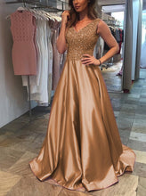 Load image into Gallery viewer, Stunning Sequins Beaded V Neck Long Satin Prom Evening Gowns