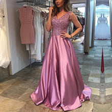 Load image into Gallery viewer, Stunning Sequins Beaded V Neck Long Satin Prom Evening Gowns-alinanova