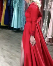 Load image into Gallery viewer, Red-Formal-Dresses-Long-Leg-Slit-Prom-Gowns