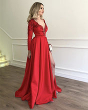 Load image into Gallery viewer, Sexy-Leg-Slit-Satin-Evening-Dresses-Long-Sleeves-Prom-Gowns