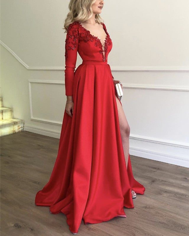 Stylish Embroidery Beaded Long Sleeves Satin Evening Dresses Stylish Embroidery Beaded Long Sleeves Satin Evening Dresses