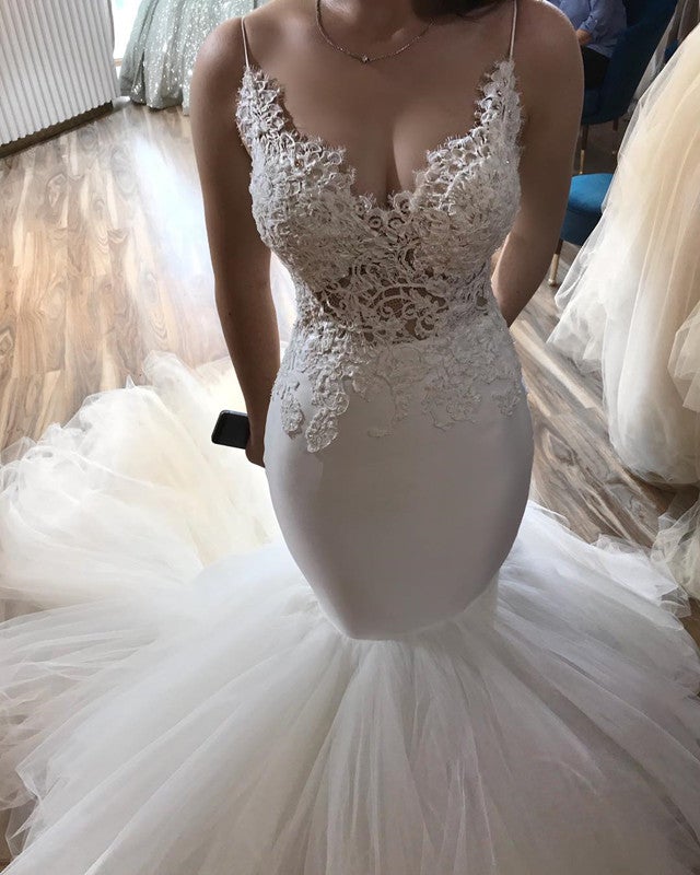 Stylish Lace Embroidery V-neck Open Back Tulle Mermaid Wedding Dresses Stylish Lace Embroidery V-neck Open Back Tulle Mermaid Wedding Dresses