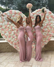 Load image into Gallery viewer, Blush-Pink-Bridesmaid-Dresses-Mermaid-Sweetheart-Evening-Gowns-Lace-Appliques